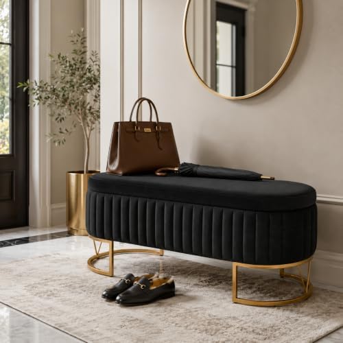 Velvet Storage Bench for Queen Size Bed, 46'' Black Oval Ottoman, Gold Legs