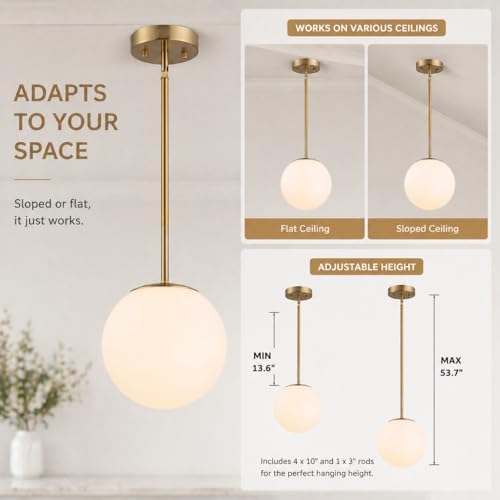 gold globe pendant light, opal glass, mid century, close-up detail