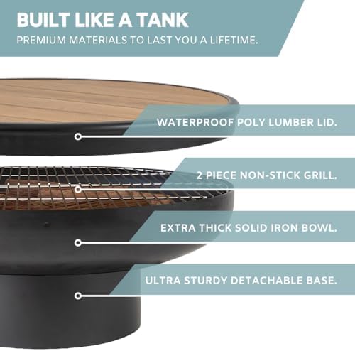 DENKOE 32 Inch Round Fire Pit Table with Fire Pit Grill, Extra Thick, Heavy Duty Fire Bowl, Deep Outdoor Firepit, Wood Burning Firepits for Outside Patio, Backyard Fire Pits, Large BBQ Pit
