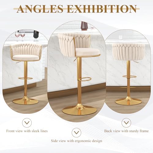 ABET Beige Gold Bar Stool Set of 2, Adjustable Height with Woven Backrest