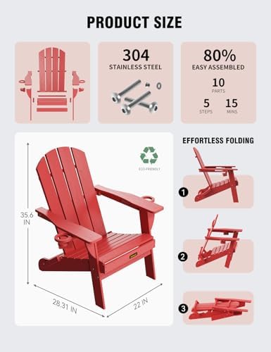 Folding Adirondack Chair, Wooden Textured Plastic Adirondack Chairs with 2 Cup Holder, Weather Resistant HDPE Fire Pit Chair, Outdoor Patio Chairs for Garden, Backyard, Lawn, Deck, 380LBS, Red