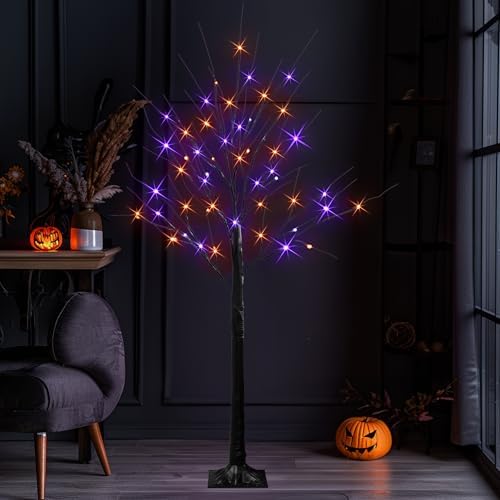 Dazzle Bright 2 Pack Halloween Lighted Up Birch Tree, Total 96 LED Purple and Orange Fairy Lights with Timer, Waterproof for Indoor Outdoor Home Party Halloween Decoration