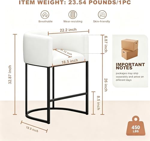 26" H Counter Height Bar Stools Set of 2, Modern Barrel Counter Stools with Backrest and Arms, Linen Fabric Upholstered Accent Barstools for Kitchen Island,Support 450 LBS (White)