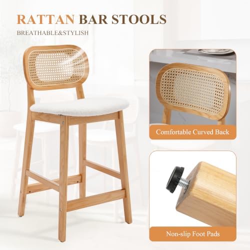 Shunzhi Rattan Bar Stools Set of 3, Upholstered Farmhouse Barstools with Woven Back, Boho Wood Kitchen Island Chairs, Comfy Counter Height Bar Chairs for Pub/Home Bar, Cream Faux Fur