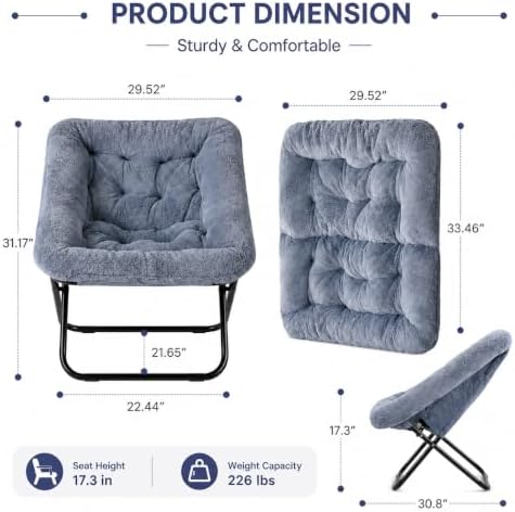 Simple Deluxe Oversized Square Moon Chair for Adults, Soft Faux Fur Folding Lounge Chair with Sturdy Steel Frame, Comfortable Reading Gaming Chair for Living Room, Bedroom, Grey