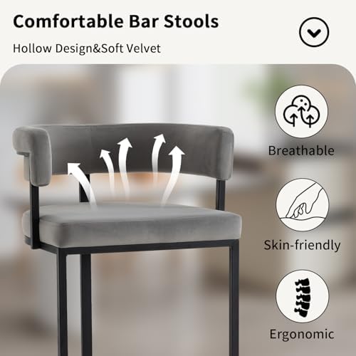 Set of 2 Grey Modern Velvet Bar Stools with Barrel Backrest, Upholstered Seat, and Black Metal Footrest – 25.6-Inch Seat Height, Ideal for Counters, Home Bars, and Kitchen Islands