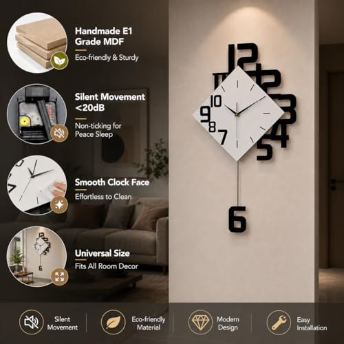 TeamSky Silent Wood Pendulum Wall Clock, Modern White Decorative Clock