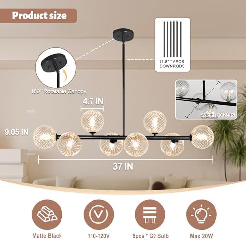 Clear Ribbed Glass Globe Chandelier, 8-Light Bubble Dining Room Chandelier 37" Black Modern Chandelier Sputnik Chandeliers Mid Century Linear Chandeliers for Dining Room Kitchen Island