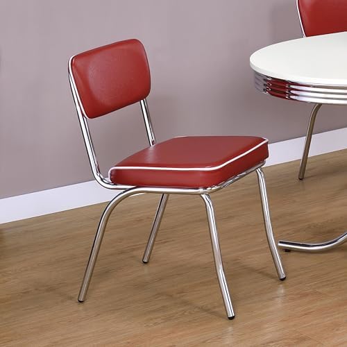 Coaster Home Furnishings Retro Set of 2 Open Back Dining Side Chairs Faux Leather Upholstered Back and Padded Seat Cushion Sturdy Steel Frame Red and Chrome 2450R