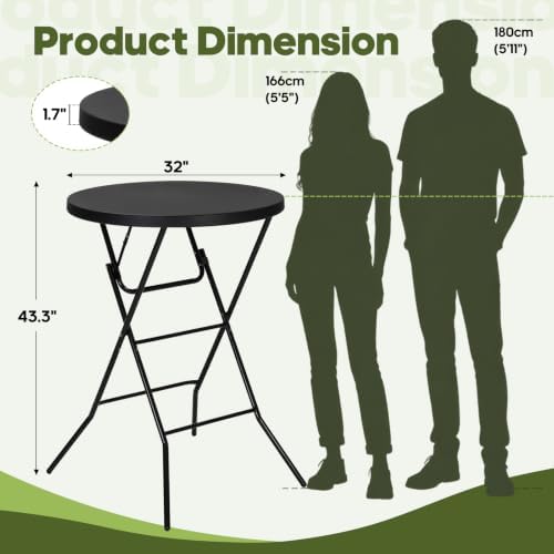 32" Round Folding Table, Portable Bar Height Folding Table with Detachable Legs, Round Foldable Table with HDPE Top for Standing Parties, Balcony, Event, Indoor Outdoor Use (Black, 2 Pack)
