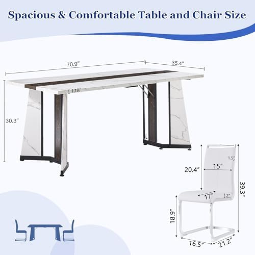 Dining Table Set for 6,White Marble 71'' Dining Room Table with Spacious legroom and White Leather Dining Chairs,Easy Assembley,7 Pieces Kitchen Table and Chairs for Dining Room,Restaurant