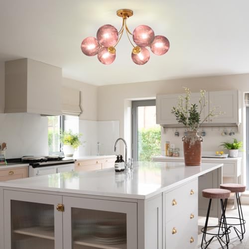 6-Light Pink Chandelier, Glass Globes Flush Mount Ceiling Light