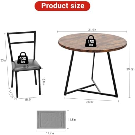 Garvee Dining Table Set for 2, Wooden Kitchen Table and Chairs of 2 with Upholstered Chairs, Round Kitchen Tables Set, 3 Piece Dining Room Table Sets for Small Space, Apartment, Rustic Brown