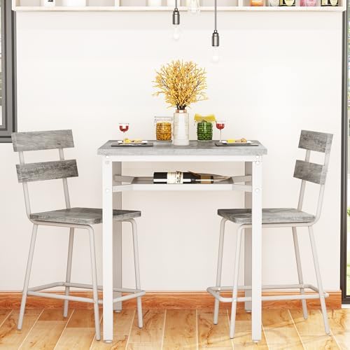 Hooseng 3 Piece Bar Table and Chairs Set, Counter Height Small Dining Table with 2 Bar Stools, Farmhouse Square Kitchen Table with Storage for Bistro, Pub, Small Space