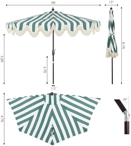JONATHAN Y Beverly 9 ft. Striped Half Umbrella, Green/Dark Brown