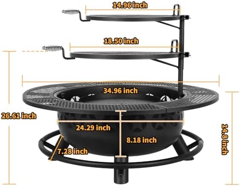 Hykolity 35 Inch Fire Pit with 2 Cooking Grate & Charcoal Pan, Outdoor Wood Burning BBQ Grill Firepit Bowl with Cover Lid, Steel Round Table for Backyard Bonfire Patio Picnic