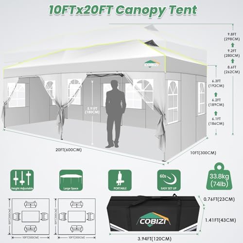 Cobizi 10x20 Pop Up Canopy Tent with 6 Removable Sidewalls, Outdoor, White