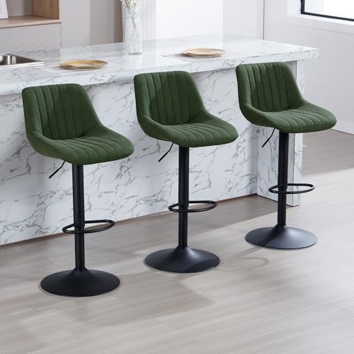 Barstools Set of 3, Adjustable PU Leather Swivel Bar Height Stools with Back, Armless Upholstered Counter Height Stools, Modern Adjustable Bar Chairs for Kitchen Island/Cafe/Dining Green