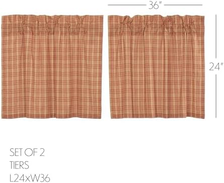 VHC Brands Sawyer Mill Plaid Cotton Farmhouse Kitchen Curtains Rod Pocket Hanging Loops 24 Inches Length, Tier Pair, Red
