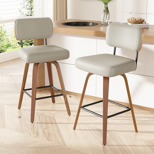 Swivel Bar Stools Set of 3, 26" Upholstered Faux Leather Counter Height Barstools with Walnut Back & Bentwood Legs, Mid Century Modern Bar Chairs Island Stools for Kitchen Counter, Beige Grey