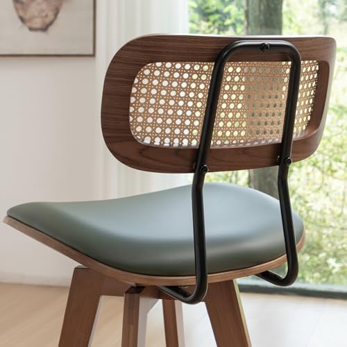 26" Rattan Bar Stools Set of 2,Faux Leather Counter Height Swivel Barstools with Rattan Backrest/Wooden Legs,Armless Mid Century Modern Bar Chairs for Kitchen/Dining Room/Bar Chairs,Green PU