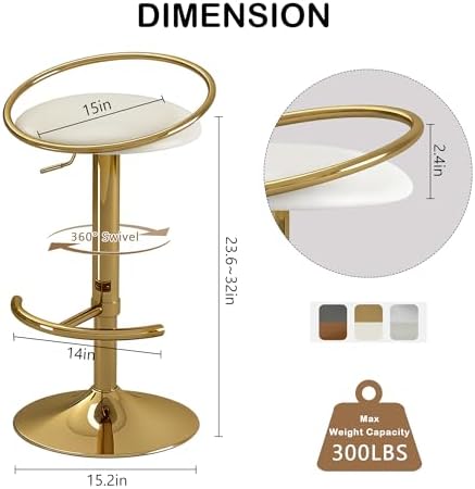 Bar Stools Set of 2, Adjustable Swivel Counter Stools with Upholstered Seat, PU Leather Counter Height Barstools for Bar, Kitchen Island, Dining Room, Gold