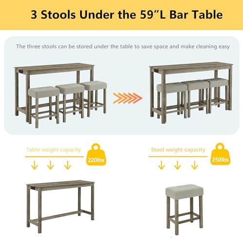 Merax 59" Bar Table Set with Power Outlet,Industrial Breakfast Table with 3 Upholstered Stools w/Footrest,4 Piece Counter Height Bar Table and Chair Set for Living Room,Dining Room,Kitchen,Brown