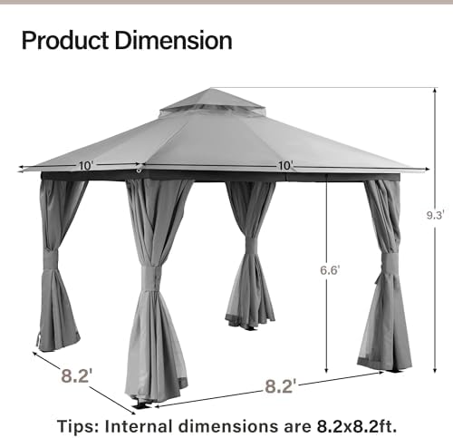 LAUSAINT HOME 10x10 Gazebo Canopy, Heavy Duty Metal Frame Patio Canopy with 180G Water-Resistant Canopy, Double Roof, Mosquito Netting & Privacy Curtains for Backyard, Garden, Lawn, Gray
