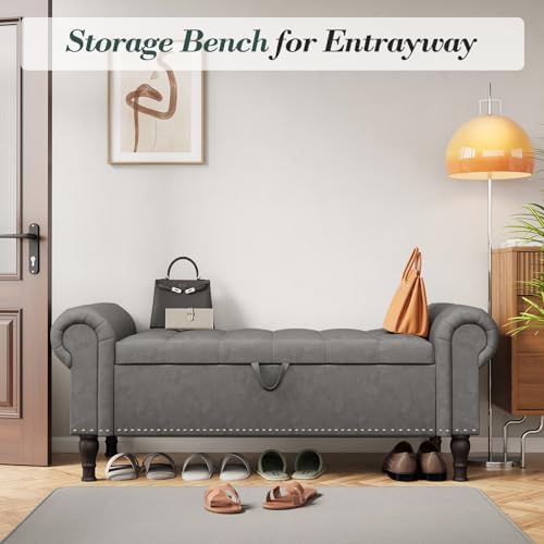 Apicizon Storage Bench for Bedroom, Upholstered End of Bed Bench, 51" Gray