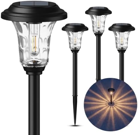 XMCOSY+ Solar Garden Lights 4 Pack, Metal Glass Solar Pathway Light Outdoor