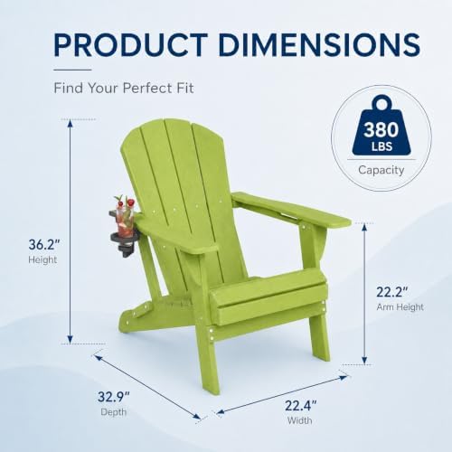Folding Adirondack Chairs Set of 6 with Cup Holders, Heavy Duty HDPE Plastic Outdoor Chairs, Weather Resistant Heavyweight Patio Furniture Set for Deck, Fire Pit, Backyard, Apple Green