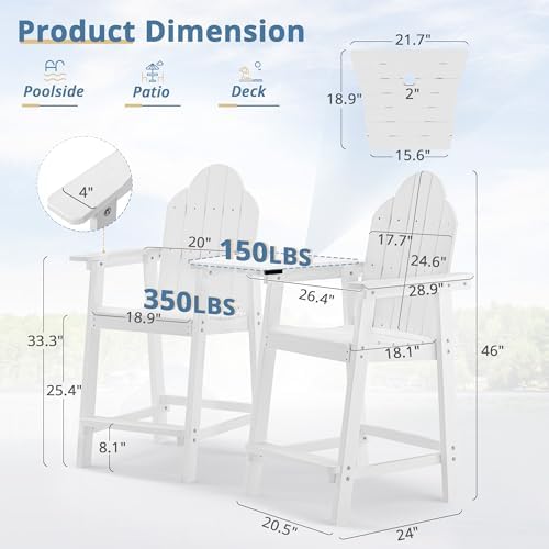 LUE BONA Tall Adirondack Chair Set of 2, HDPS Bar Height Chairs, White