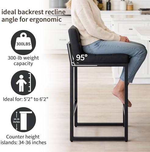 FIRAVOE Bar Stools Set of 3, Upholstered Faux Leather Counter Height Barstools with Low Back and Thickened Metal Legs, Modern Bar Chairs for Kitchen Island, Bar (Black, 3Pcs 26" Counter Stools)