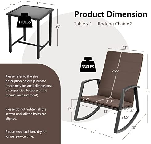 Tangkula 3 Pieces Patio Rocking Bistro Set, PE Rattan Rocking Chairs with Tempered Glass Side Table, Outdoor Wicker Conversation Set with Zippered Cushion for Patio, Garden, Poolside (Mix Brown)