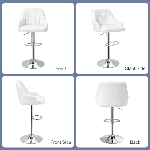 VECELO Bar Stools Set of 2, Adjustable Barstools, Counter Height Stools with Back and Arm, Kitchen Island Stools, Swivel PU Leather Stools, Modern Style, White