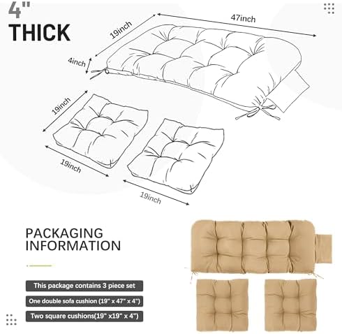 Yddsky 3Pcs Wicker Chair Cushion Sets for Patio Furniture,Khaki,47*19*4''