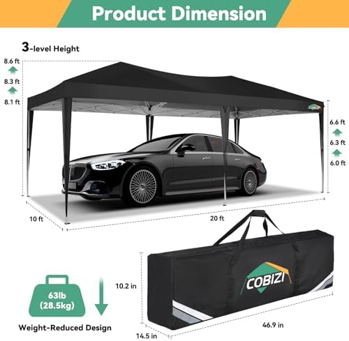COBIZI 10x20 Canopy Tents for Parties 10x20ft Easy Setup Pop up Tents with Sidewalls & One Push Lock Waterproof Outdoor Large Shelter Party Tent for Wedding Car Port Events Patio Gazebo(Black)