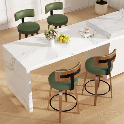 Swivel Bar Stools Set of 2, 26" Faux Leather Upholstered Counter Height Bar Stools with Back and Bentwood Legs, Mid Century Modern Bar Chairs Island Stools for Kitchen Counter, Green