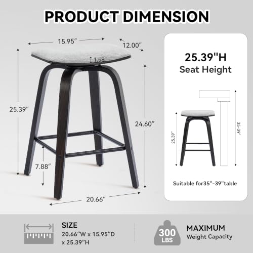 Swivel Bar Stools Set of 2 for Island Kitchen, Modern 26" Backless Counter Height Bar Stools, 360 Swivel Saddle Seat, Grey