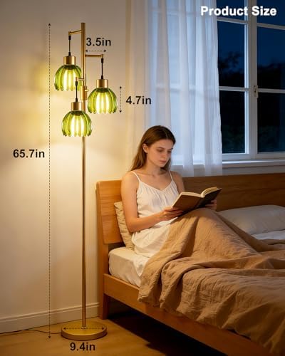 Lightdot Glass Floor Lamp Green Lotus Flower Shade Dimmable Gold Floor Lamp