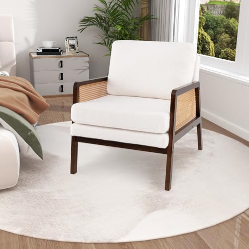 Giantex Mid Century Modern Accent Chair, Boho Boucle Living Room Arm Chair w/Rattan Arms, Wooden Frame, Thick Cushion, Pillow, Sherpa Reading Side Chair for Bedroom, Balcony, Brown+Beige