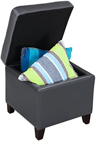 Adeco Bonded Leather Square Tufted Cubic Cube Storage Footstool, 18" Inch Ottomans & Storage Ottomans, With Lid, Dim Gray