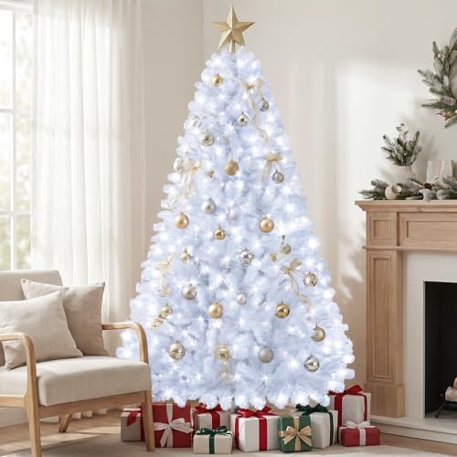6ft White Prelit Christmas Tree with 300 LED White Lights, 726 Dense Branch Tips, Versatile Holiday Tree for Christmas, Halloween and Party Decor