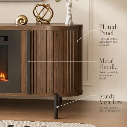 Luxury Fluted TV Stand with Fireplace, 70 inch, Brown
