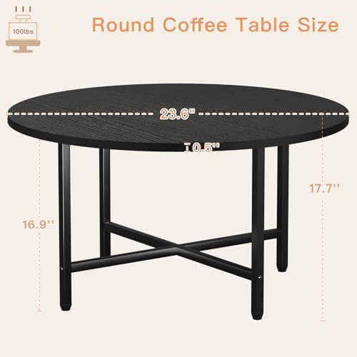 FAMIDGE Coffee Table, 23.6" Round Coffee Table, Black Living Room Tables