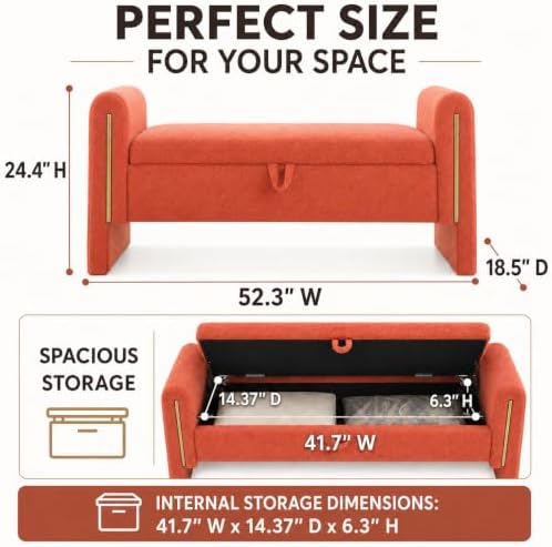 52" Upholstered Storage Bench, Orange, Armrests, Wood Frame