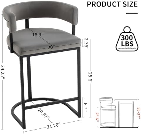 Set of 2 Grey Modern Velvet Bar Stools with Barrel Backrest, Upholstered Seat, and Black Metal Footrest – 25.6-Inch Seat Height, Ideal for Counters, Home Bars, and Kitchen Islands