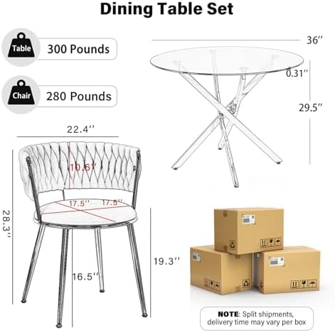 Modern Minimalism Circle Dining Table Set of 4, 36'' Round Tempered Glass Table Top with Silver Base & 4 Black Silver Velvet Dining Chairs, 5-Piece Dining Room Table Set (Easy Assembly)