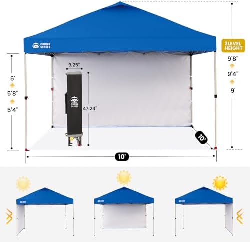 CROWN SHADES 10x10 Pop Up Canopy with 1 Side Wall, Beach Canopy Tent, Blue