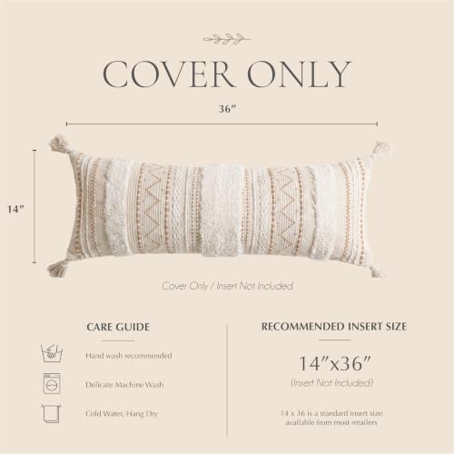 BlissBlush 14x36 Lumbar Pillow Cover for Bed, Rectangular Long Decorative Throw Pillowcase, Boho Accent Cushion with Tufted Pattern and Tassels, Cream Beige Neutral (Cover Only)